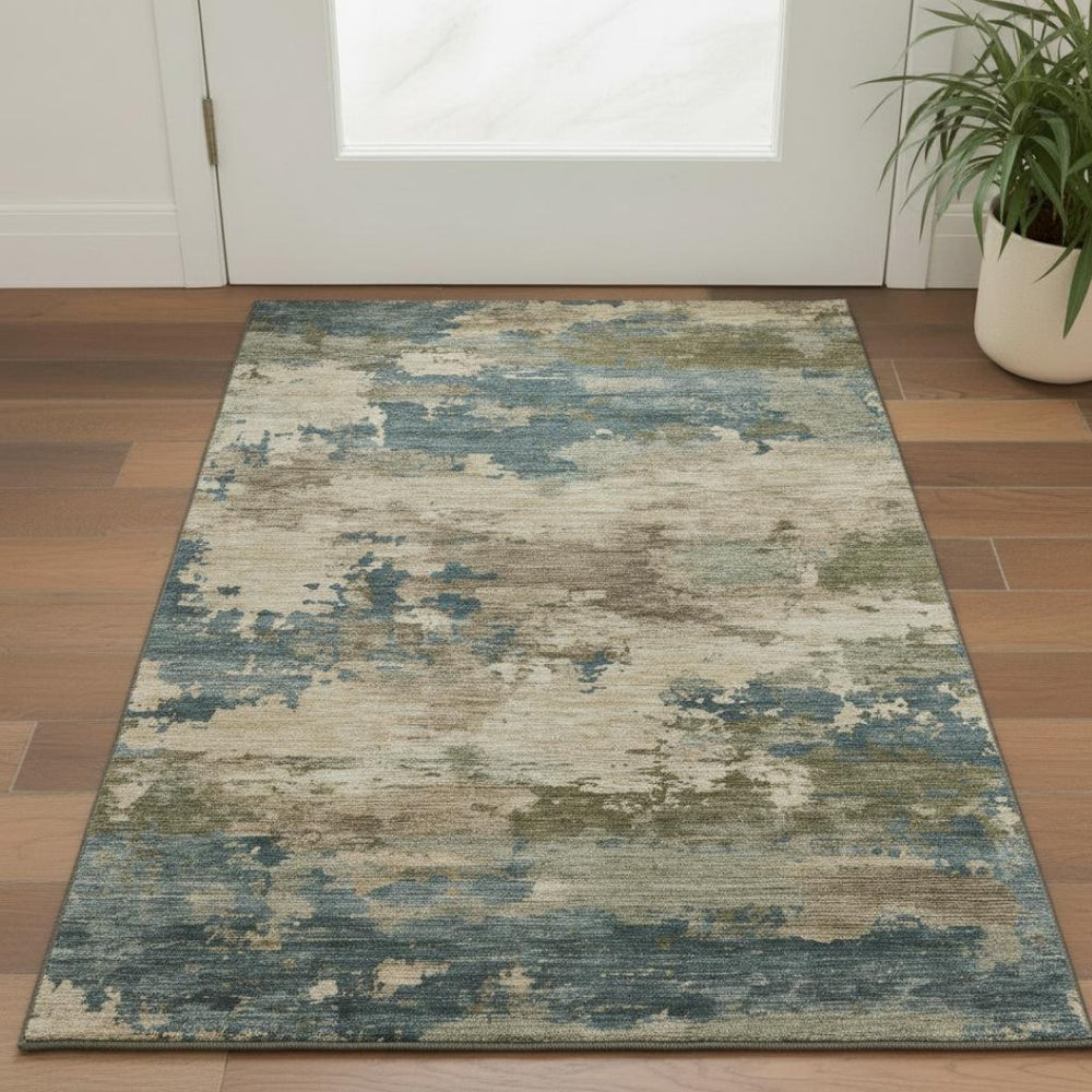 HomeRoots 5' X 8' Stylish Teal & Beige Abstract Area Rug - Washable, UV Protected, Durable & Low Maintenance! 717202