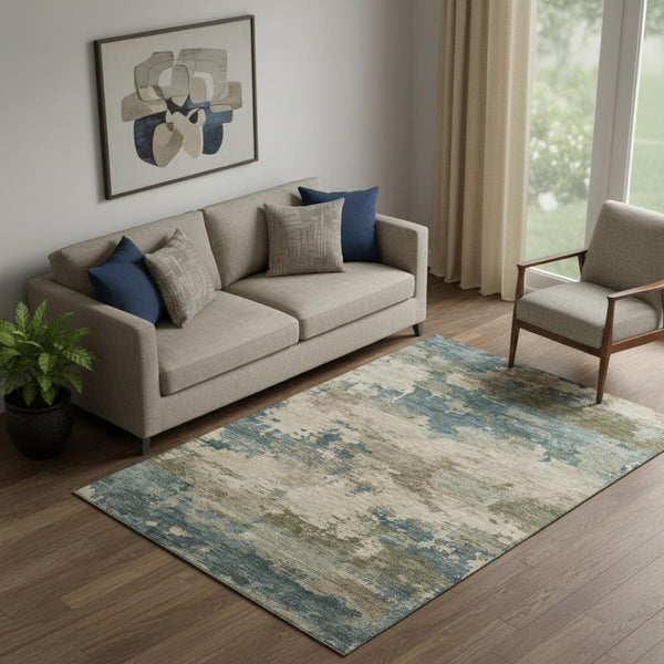 HomeRoots 8' Teal and Beige Abstract Washable Round Rug - Stylish, Stain-Resistant, UV-Guard for Any Space! 717203