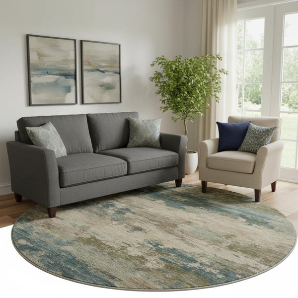 HomeRoots 8' X 10' Teal & Beige Abstract Washable Area Rug with UV Protection for High-Traffic Spaces 717204