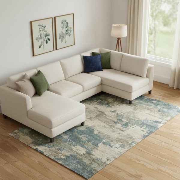 HomeRoots 9' X 12' Stylish Teal & Beige Abstract Washable Area Rug with UV Protection for Easy Care & Comfort 717205