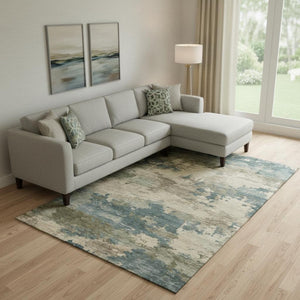 HomeRoots 10' X 14' Teal And Beige Abstract Area Rug - Stylish, Washable, UV-Protected for High-Traffic Spaces 717206