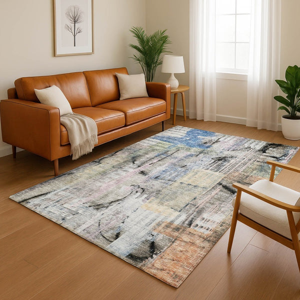 HomeRoots 8' Contemporary Blue and Black Abstract Washable Round Rug with UV Protection for High-Traffic Areas 717209