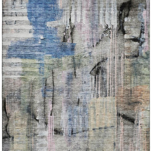 HomeRoots 8' Contemporary Blue and Black Abstract Washable Round Rug with UV Protection for High-Traffic Areas 717209
