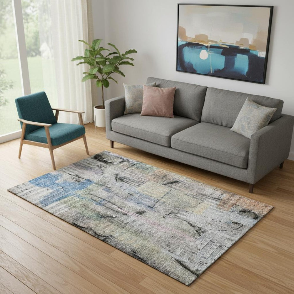 HomeRoots 8' Contemporary Blue and Black Abstract Washable Round Rug with UV Protection for High-Traffic Areas 717209