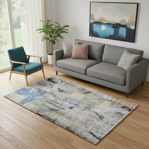 HomeRoots 8' Contemporary Blue and Black Abstract Washable Round Rug with UV Protection for High-Traffic Areas 717209