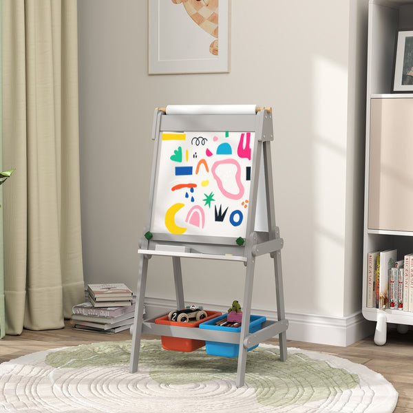 English Elm Qaba Kids Art Easel with Paper Roll, Double-Sided Chalk & Whiteboard, Storage Boxes, Safe Build Gray W2225P249778