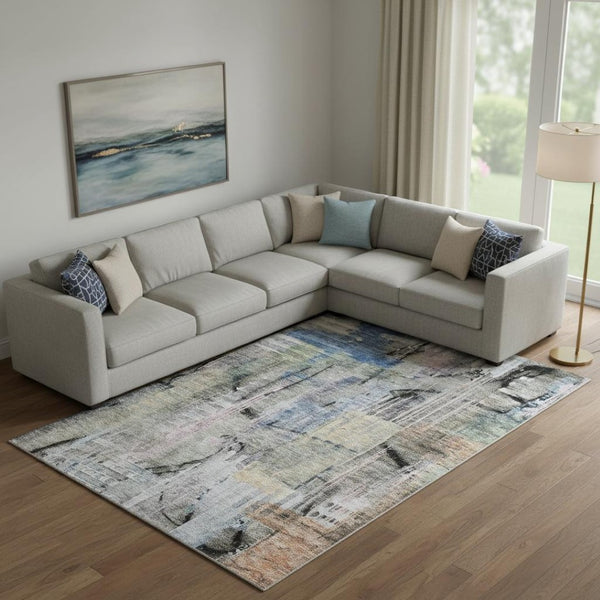 HomeRoots 9' X 12' Blue and Black Abstract Area Rug - Washable, UV Protected, Stain-Resistant for Modern Homes 717211