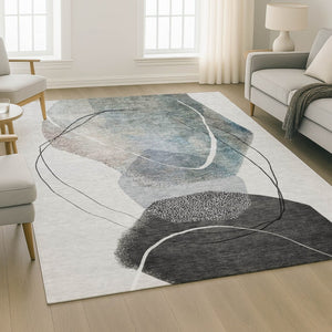 HomeRoots 5' X 8' Abstract Ivory and Gray Area Rug - Washable, UV Protected, Non-Slip for Modern Comfort 717214