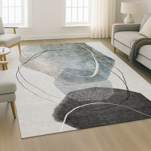 HomeRoots 5' X 8' Abstract Ivory and Gray Area Rug - Washable, UV Protected, Non-Slip for Modern Comfort 717214
