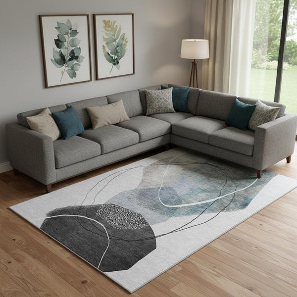 HomeRoots 9' X 12' Ivory And Gray Abstract Area Rug - Washable, UV-Protected, Modern Design for Busy Homes 717217
