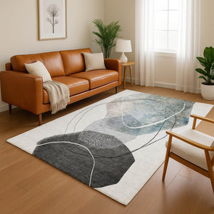 HomeRoots 10' X 14' Ivory & Gray Abstract Washable Area Rug with UV Protection - Stylish, Durable, Easy Care 717218