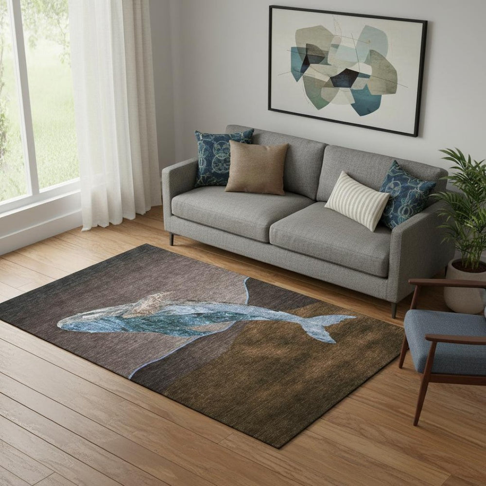 HomeRoots 8' Nautical Round Rug in Brown & Blue – Durable, Stain Resistant, UV Protected & Machine Washable! 717221