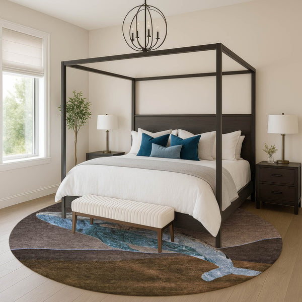 HomeRoots 8' X 10' Nautical Area Rug - Stylish Brown & Blue, Washable, UV-Protected, Stain-Resistant Design 717222