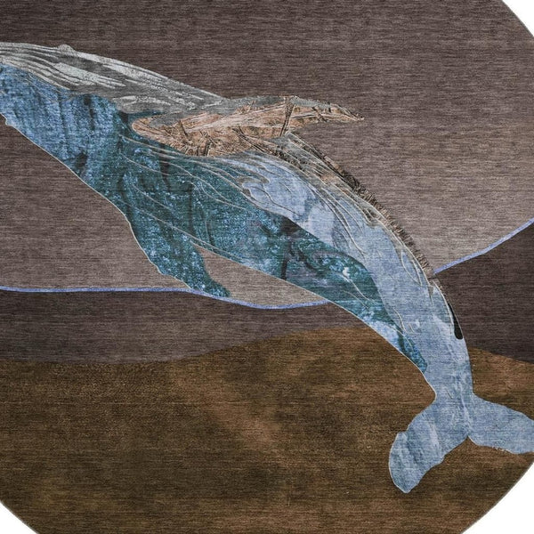 HomeRoots 8' X 10' Nautical Area Rug - Stylish Brown & Blue, Washable, UV-Protected, Stain-Resistant Design 717222