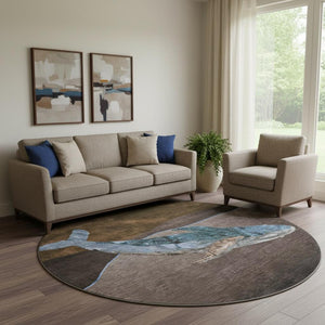 HomeRoots 8' X 10' Nautical Area Rug - Stylish Brown & Blue, Washable, UV-Protected, Stain-Resistant Design 717222
