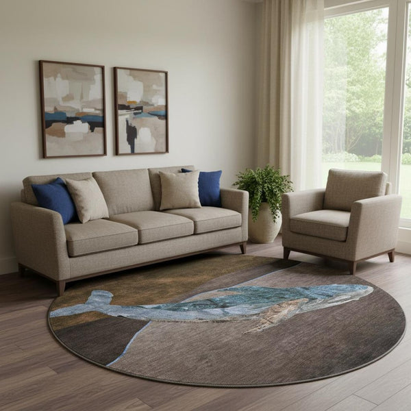 HomeRoots 8' X 10' Nautical Area Rug - Stylish Brown & Blue, Washable, UV-Protected, Stain-Resistant Design 717222