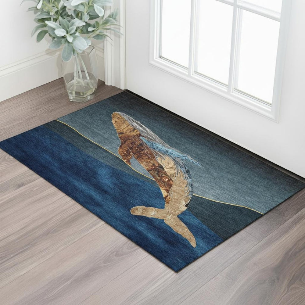 HomeRoots 5' X 8' Nautical Blue & Brown Washable Area Rug with UV Protection for Coastal Charm & Durability 717226
