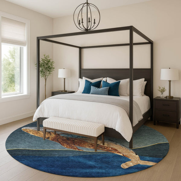 HomeRoots 8' X 10' Nautical Washable Area Rug – Blue & Brown with UV Protection for Homes with Kids & Pets 717228