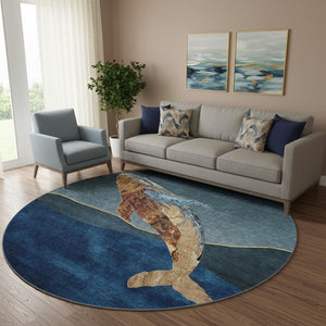HomeRoots 8' X 10' Nautical Washable Area Rug – Blue & Brown with UV Protection for Homes with Kids & Pets 717228