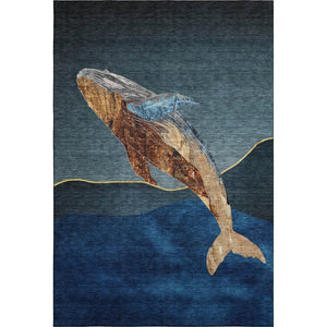 HomeRoots 9' X 12' Nautical Washable Area Rug in Blue & Brown with UV Protection for Coastal Charm & Durability 717229
