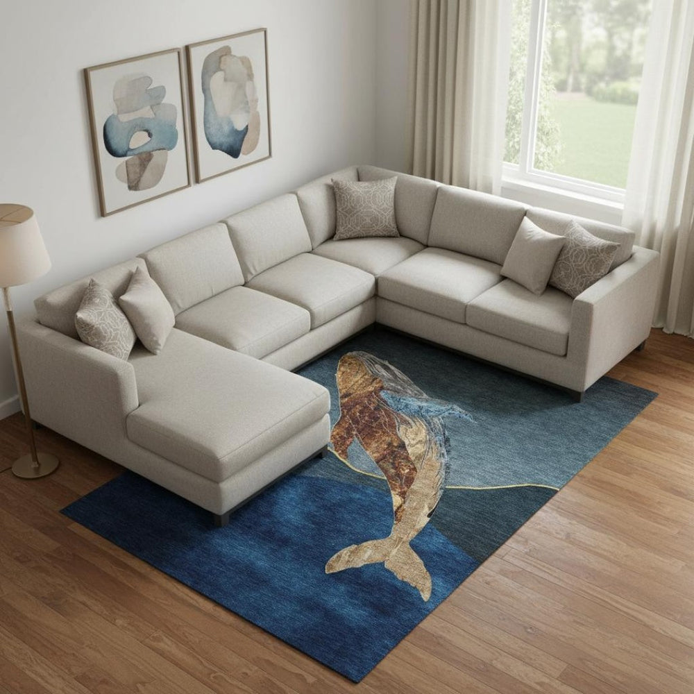 HomeRoots 9' X 12' Nautical Washable Area Rug in Blue & Brown with UV Protection for Coastal Charm & Durability 717229