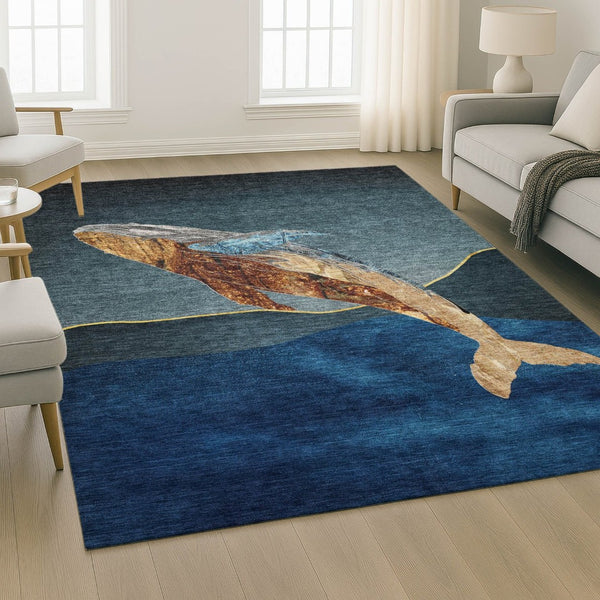 HomeRoots 9' X 12' Nautical Washable Area Rug in Blue & Brown with UV Protection for Coastal Charm & Durability 717229