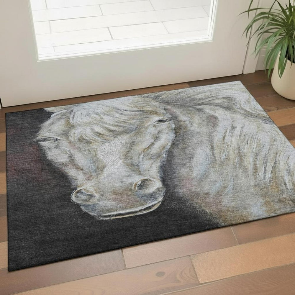 HomeRoots 5' X 8' Stylish Ivory & Charcoal Animal Print Area Rug - Washable, Stain Resistant, UV Protected 717232