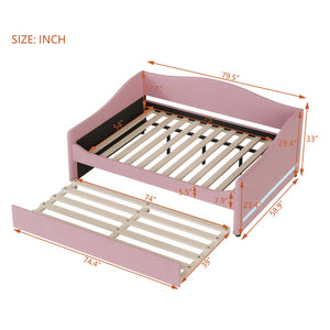 English Elm Teddy Full Size Upholstered Daybed with Twin Trundle, Teddy Fleece Upholstery, Modern Striped Accent Headboard and Sleepover-Friendly Design Pink SF000066AAH