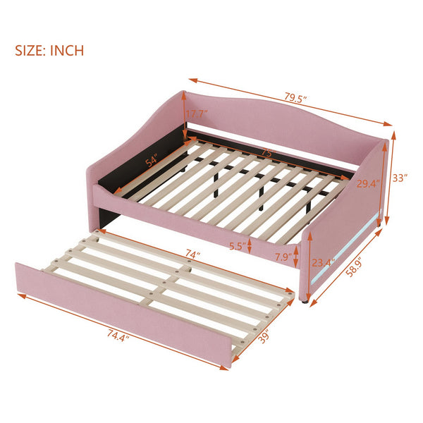 English Elm Teddy Full Size Upholstered Daybed with Twin Trundle, Teddy Fleece Upholstery, Modern Striped Accent Headboard and Sleepover-Friendly Design Pink SF000066AAH