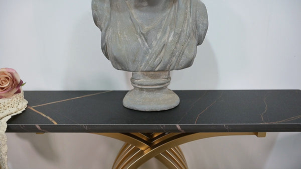 English Elm Accent Console Table Sculptural Black Gold Metal Legs Slim Entryway Hallway Decor W2263P395488