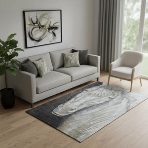 HomeRoots 8' Stylish Ivory and Charcoal Animal Print Round Rug - Washable, UV-Protected, Durable Design! 717233