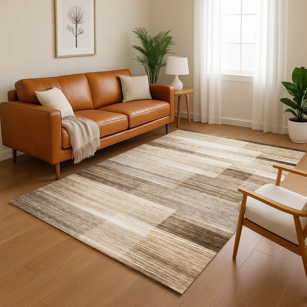 HomeRoots 8' Brown and Ivory Striped Washable Round Rug - UV Protected, Non-Slip, Soft, Durable Design! 717239