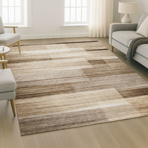 HomeRoots 8' Brown and Ivory Striped Washable Round Rug - UV Protected, Non-Slip, Soft, Durable Design! 717239