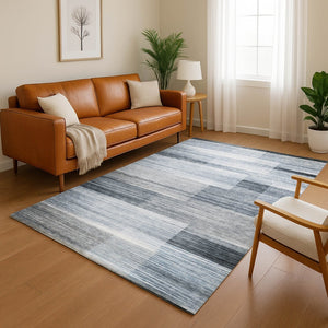 HomeRoots 5' X 8' Denim Blue & Ivory Striped Area Rug - Washable, UV Protected, Stain Resistant & Stylish Design 717244
