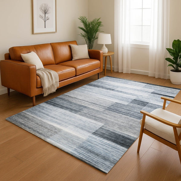 HomeRoots 5' X 8' Denim Blue & Ivory Striped Area Rug - Washable, UV Protected, Stain Resistant & Stylish Design 717244