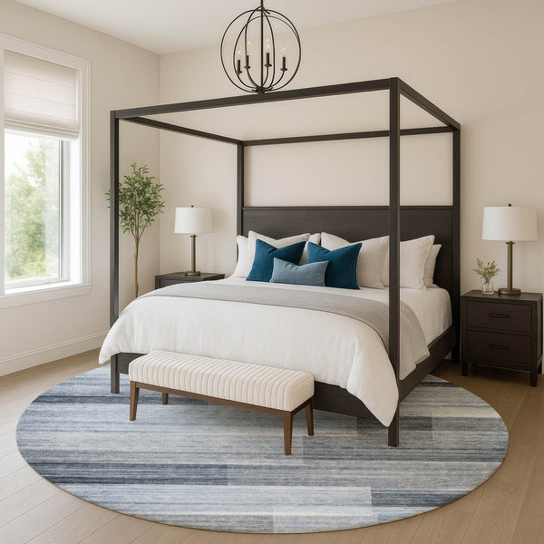 HomeRoots 8' X 10' Denim Blue & Ivory Striped Washable Area Rug - Stain Resistant, UV Protected & Stylish Design 717246