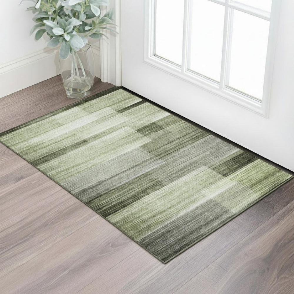 HomeRoots 5' X 8' Green and Ivory Striped Area Rug - Washable, UV Protected, Durable for Homes with Kids & Pets 717250