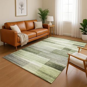 HomeRoots 8' Green And Ivory Striped Washable Round Rug – Durable UV-Protected Design for Homes with Kids & Pets 717251