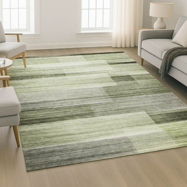 HomeRoots 8' Green And Ivory Striped Washable Round Rug – Durable UV-Protected Design for Homes with Kids & Pets 717251