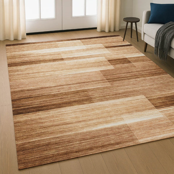 HomeRoots 9' X 12' Stylish Rust and Ivory Striped Washable Area Rug with UV Protection for High-Traffic Spaces 717259