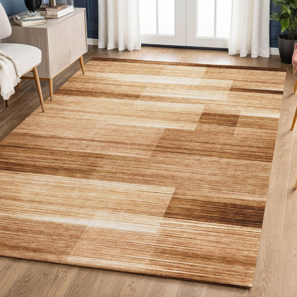 HomeRoots 10' X 14' Washable Rust and Ivory Striped Area Rug with UV Protection for Family-Friendly Living Spaces 717260