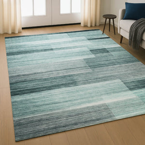 HomeRoots 9' X 12' Stylish Teal & Ivory Striped Washable Area Rug with UV Protection for Everyday Use 717265