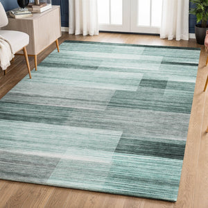 HomeRoots 9' X 12' Stylish Teal & Ivory Striped Washable Area Rug with UV Protection for Everyday Use 717265