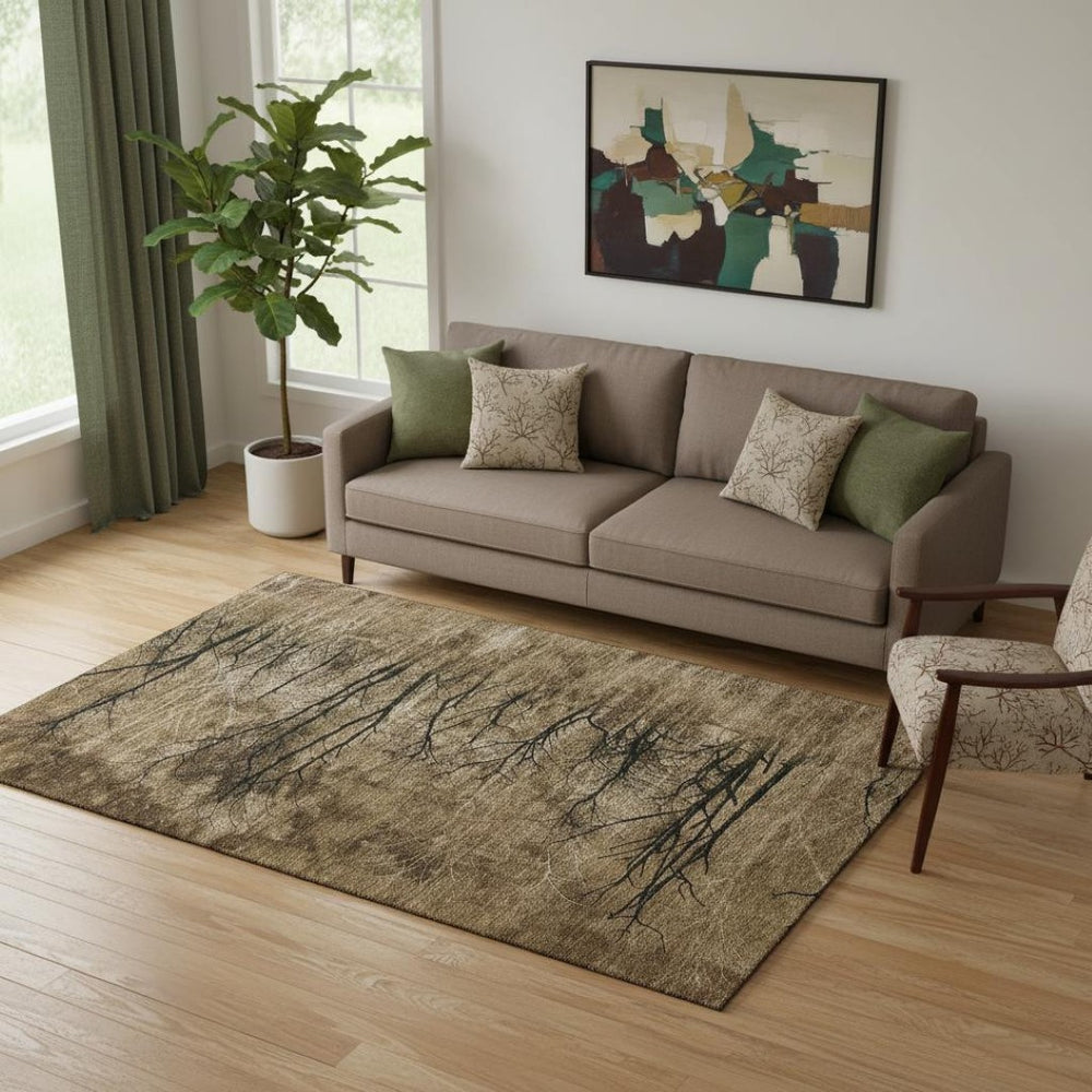 HomeRoots 8' Brown & Charcoal Floral Washable Round Rug - UV Protected, Stain-Resistant, Pet-Friendly Decor 717269
