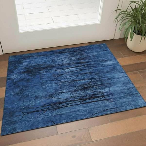 HomeRoots 5' Blue and Charcoal Floral Washable Area Rug - Durable, UV Resistant, Non-Slip for Indoor & Outdoor Use 717274