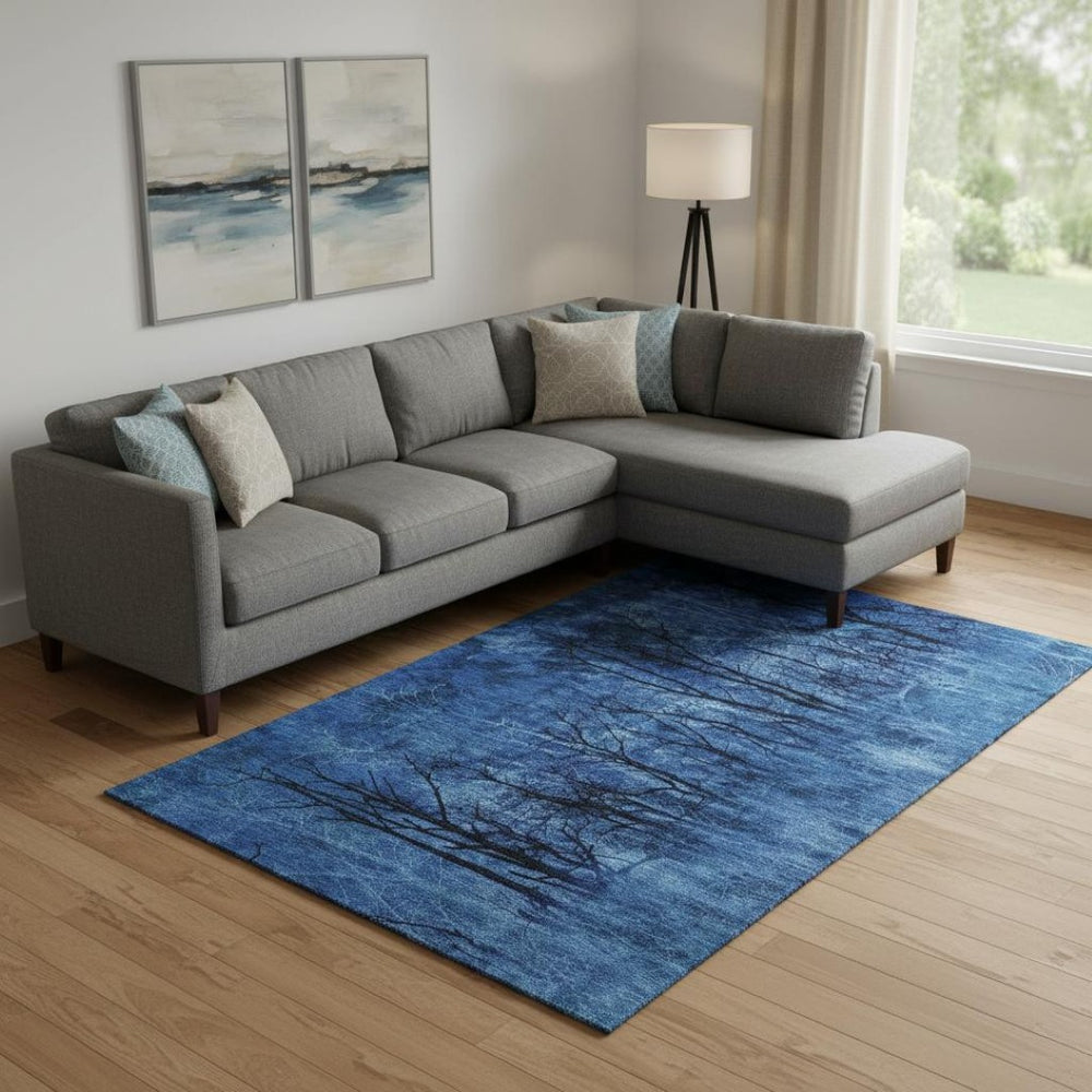 HomeRoots 9' X 12' Floral Area Rug in Blue and Charcoal - Washable, UV Protected, Non-Slip for Family Spaces 717277