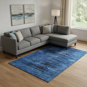 HomeRoots 9' X 12' Floral Area Rug in Blue and Charcoal - Washable, UV Protected, Non-Slip for Family Spaces 717277