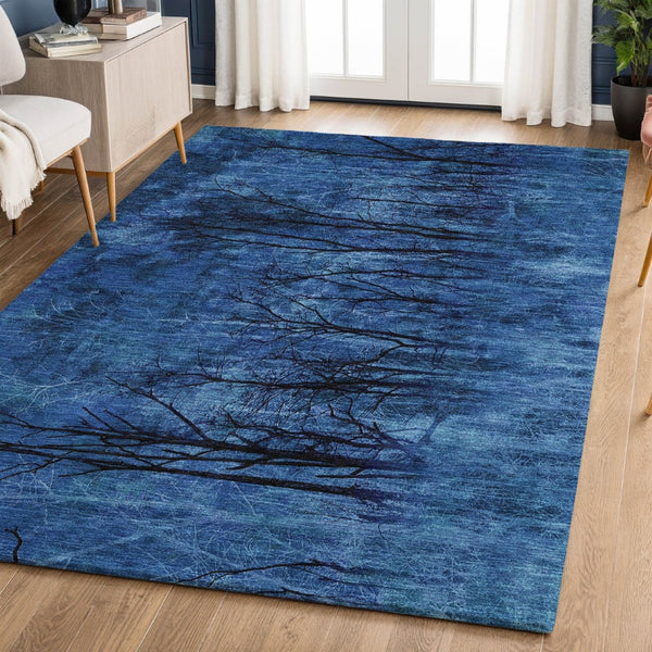 HomeRoots 10' X 14' Blue and Charcoal Floral Area Rug - Washable, UV Protected, Ideal for Busy Homes & Kids 717278