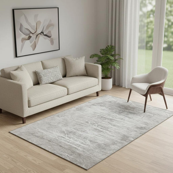HomeRoots 8' Silver And Ivory Floral Round Rug – Washable, UV Protected, Stain-Resistant for High Traffic Areas 717287