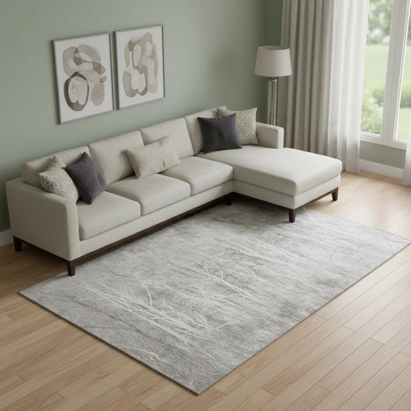 HomeRoots 10' X 14' Elegant Silver and Ivory Floral Washable Area Rug with UV Protection for Family Homes 717290